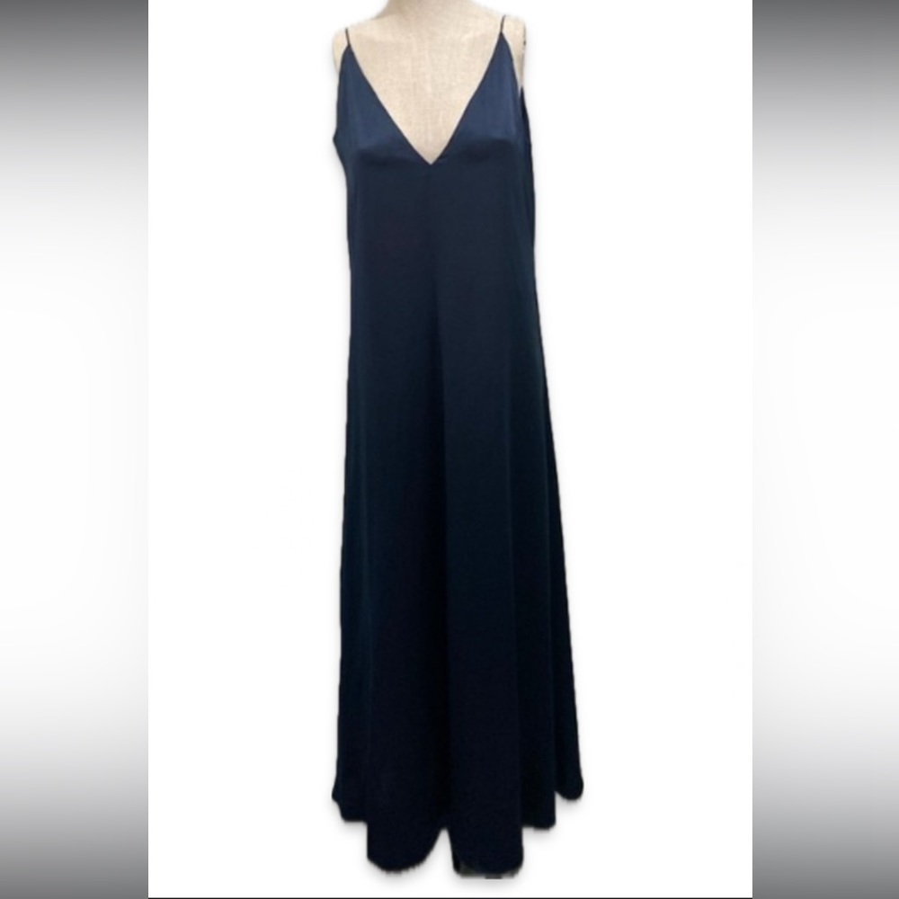 Club Monaco Dress Womens Small Blue Satin Slip V Neck Maxi Demure Cocktail Event